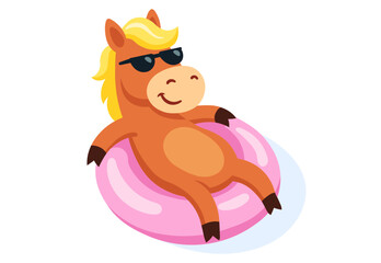 Adorable cartoon horse in sunglasses lounging on a pink inflatable ring. Summer vacation and pool fun concept in bright flat style.