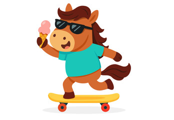 Funny horse in sunglasses riding a skateboard while eating an ice cream. Cute and playful character for summer kids design.