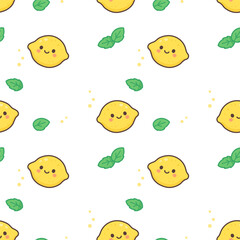 Seamless repeating pattern featuring whole lemons and mint leaves in a kawaii and minimal flat style. Perfect for summer-themed packaging, fabric, and digital backgrounds.
