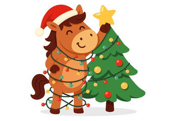 Cartoon horse in Santa hat tangled in Christmas lights while decorating a Christmas tree. Festive and funny winter character design.