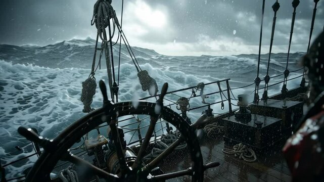 Sailor navigates a ship through a violent storm at sea, battling powerful waves and heavy rain, creating a dramatic and perilous scene of maritime adventure