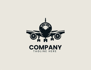 Fototapeta premium Modern commercial aircraft flying through clouds vector logo in minimal flat design style