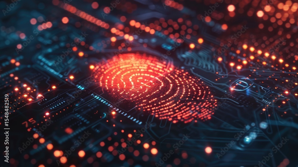Poster Biometric red fingerprint glowing on dark tech interface, security ID verification