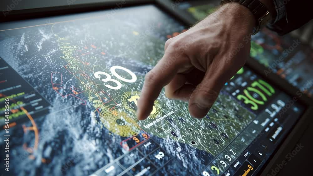 Poster hand of a ship captain using touchscreen to plot navigation route on a digital chart, integrating gp