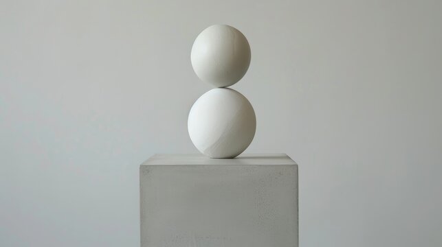 Abstract sculpture with white cube and sphere seemingly levitating above smooth grey base
