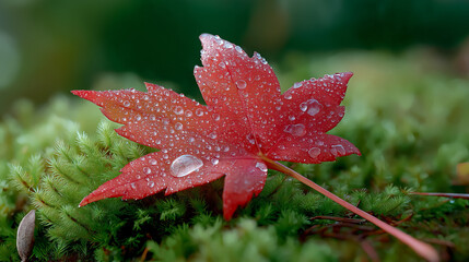 Bright red maple leaf adorned with raindrops resting on lush green moss in a serene forest environment. Concept of nature, tranquility, outdoor beauty