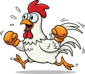 Energetic White Rooster Cartoon Character Running with Boxing Gloves, Ready for a Lively Training Session.