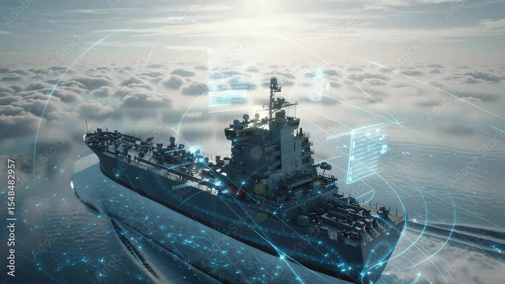 Poster futuristic cargo ship sailing on the ocean using augmented reality interface system, displaying holo