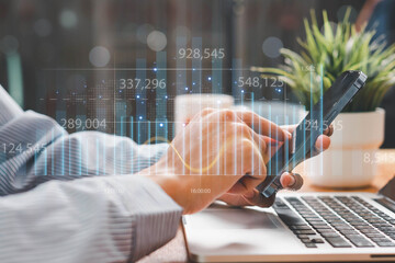 Business, finance and investment concept. Businessman using digital tablet analyzing and...