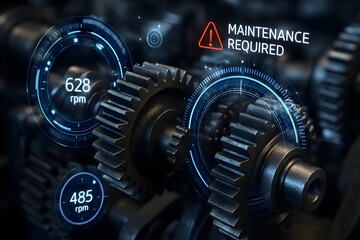 A close-up view of an industrial machinery with a digital interface displaying speed, alongside a maintenance alert in a technological and technical setting.