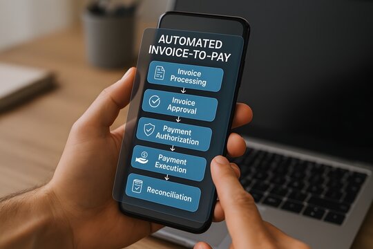 A close-up shot of a person interacting with a smartphone showcasing "Automated Invoice-to-Pay" steps, highlighting modern finance and digital processes.