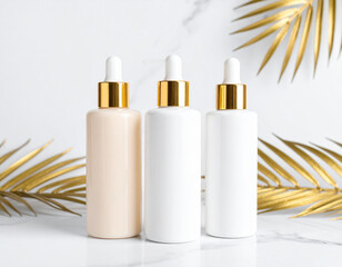 Minimalist masterpiece featuring three elegant cosmetic bottles in beige and white, showcasing their graceful curves against backdrop of golden palm leaves, evoking sense of luxury and tranquility