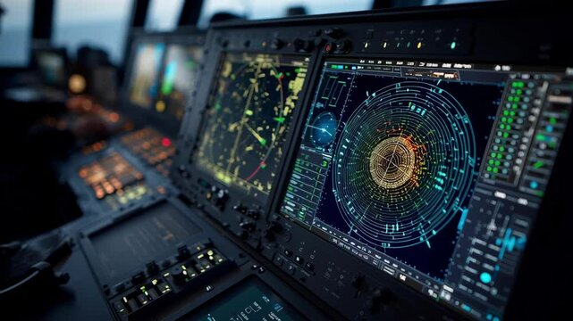 Modern ship control console featuring navigation data on multiple screens, displaying radar interfaces with surrounding vessels and hazards at dusk, enhancing maritime safety