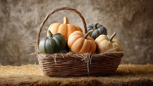 Colorful pumpkins are beautifully arranged in a woven basket resting on straw. The rustic setting creates a warm ambiance, ideal for autumn festivities