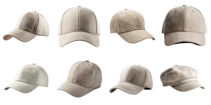 Set of linen caps breathable on white background, summer hat