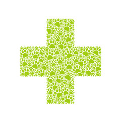 Obraz premium Veterinary green cross made of paw prints for pet clinic and animal care design