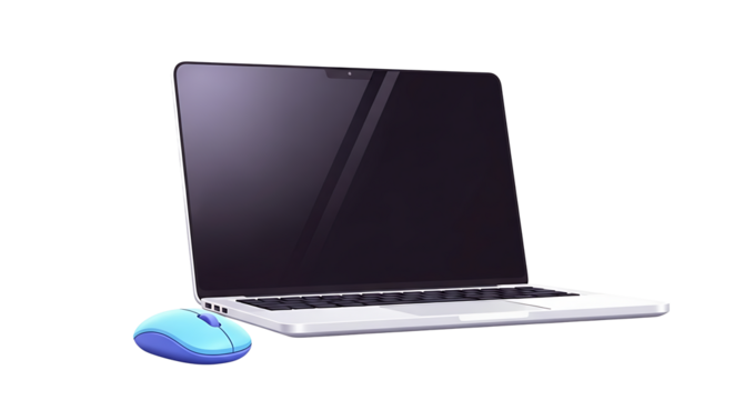 A laptop with a dark screen is positioned next to a light blue and purple wireless computer mouse on transparent background