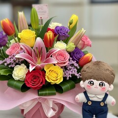 bouquet of gift flowers with cute dolls