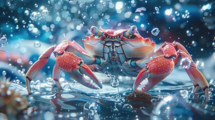 Red crab in splashing water