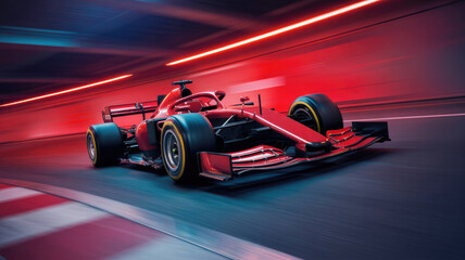 A red race car is speeding down a track. The car is in the middle of a tunnel, and the tunnel is lit up with bright lights. Scene is exciting and fast-paced, as the car is moving quickly
