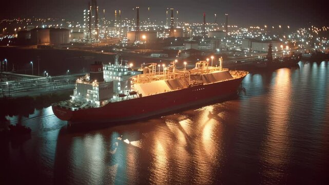 A nighttime view of an LNG carrier illuminated by bright terminal lights reflecting on the water as gas transfer operations take place with hoses snaking from the shore to the vessels
