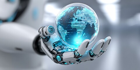 Robotic hand holding a digital earth globe