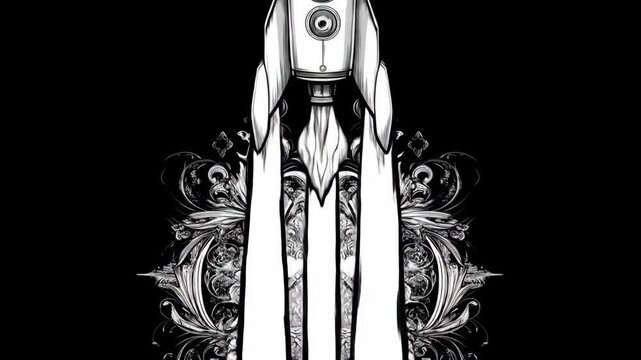 Rocket launch design with floral flourish on black backdrop illustration.