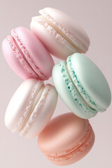Pastel colored macarons close up. Perfect for food photography, pastry and elegant designs.