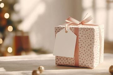 Beautifully wrapped gift box with blank tag placed on beige table with blurred bokeh lights in the background.