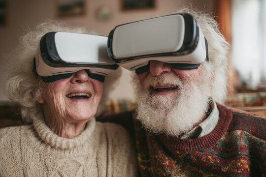Elderly couple enjoying virtual reality experience together with VR headsets, sharing joyful and happy moments indoors.