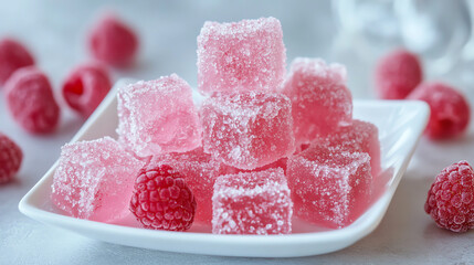 Close-up of homemade raspberry marmalade cubes sprinkled with sugar on a white plate.
