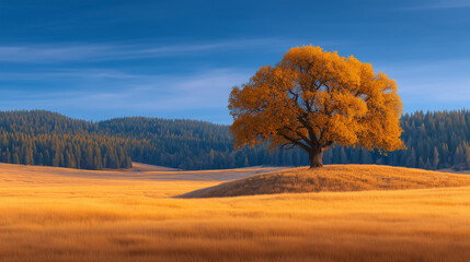 Bright orange tree dominates golden grass field in serene landscape. Majestic backdrop of rolling hills and clear blue sky create peaceful atmosphere