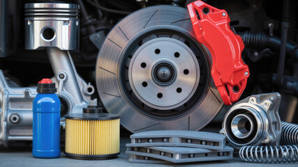 A collection of car parts, including a spark plug, a piston, and a turbo, are displayed on a table. Concept of mechanical work and repair