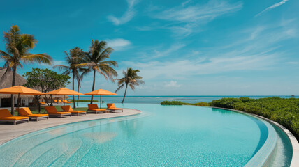 A pool with palm trees and umbrellas in the background. The pool is surrounded by chairs and is filled with water