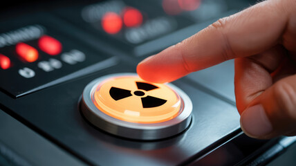 A hand is pressing a button with a radioactive symbol on it. The button is orange and the symbol is black