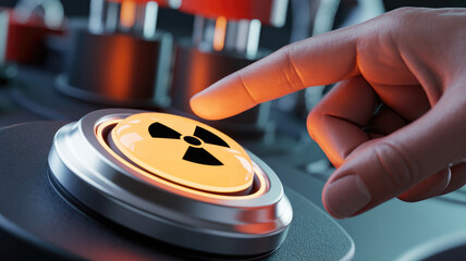 A hand is pressing a button with a radioactive symbol on it. The button is orange and the symbol is black
