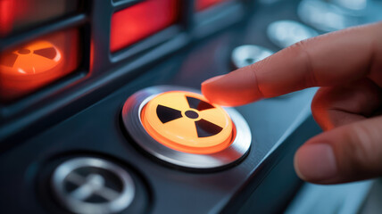 A hand is pressing a button with a radioactive symbol on it. The button is orange and the symbol is black