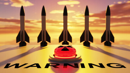 A warning sign is on top of a yellow object with five rockets on it. The rockets are black and red