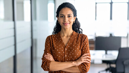Confident young woman stands with her arms crossed in modern office environment, exuding professionalism and expertise. Her expression reflects determination and self assurance