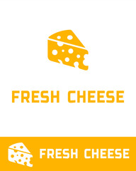 A modern flat design logo of fresh cheese in vibrant orange color with holes and bite mark