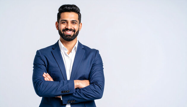 Confident and distinguished businessman wearing dark suit with white shirt, arms crossed, smiling against light background. His dark beard frames well groomed face, exuding professionalism