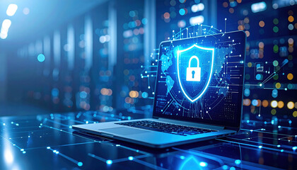 Secure data storage is essential today digital world, represented by laptop displaying shield icon symbolizing protection and encryption. background features data center with glowing lights