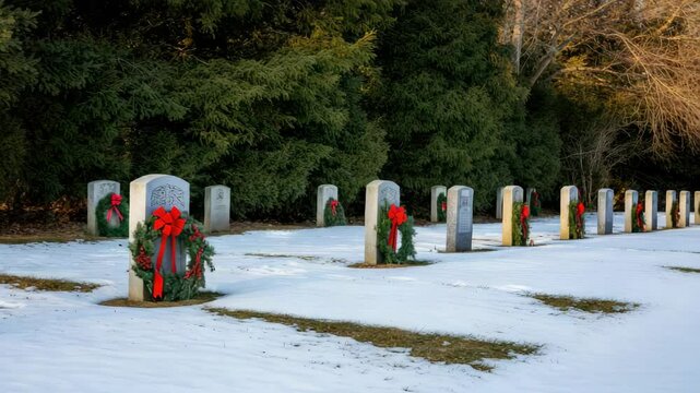 Snow-covered cemetery with wreath-adorned headstones in forest setting