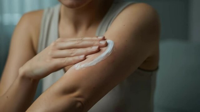 A woman applies ointment to her sore arm in a softly lit room
