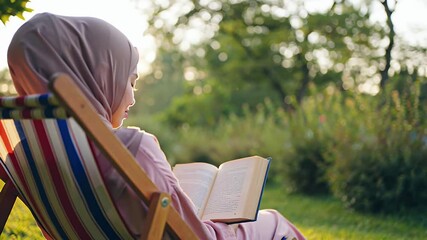 Back view of young adult muslim woman wearing a hijab sitting in a deck chair and reading a book in the middle of nature during sunny day at sunset. Camera slowly panning to the left - Powered by Adobe