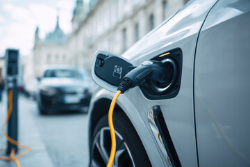 Electric car charging on a street station