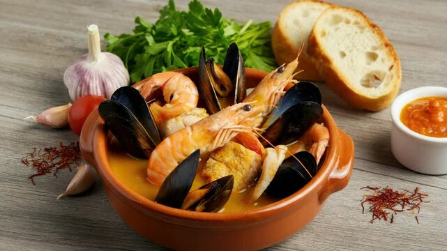 Seafood stew with shrimp, mussels, bread, herbs, and garlic on wooden table