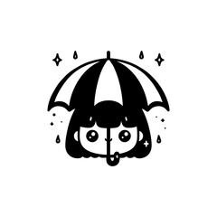 Cartoon girl with big eyes under an umbrella with raindrops and stars, black and white illustration.