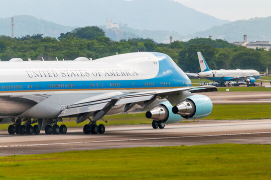 U.S. Air Force One Boeing 747 taxiing at Rio de Janeiro Airport under high security during a state visit. November 18, 2024.