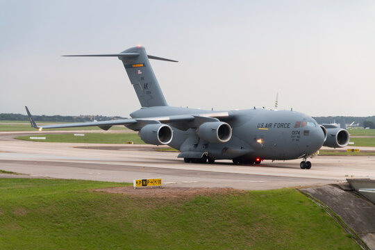 United States Air Force Boeing C-17 Globemaster III taxiing at Rio de Janeiro Airport during a military operation. November 18, 2024.